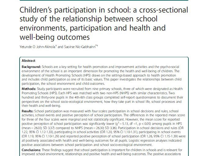 兒童學校參與：學校環境、參與及健康和幸福間關係的橫斷面研究