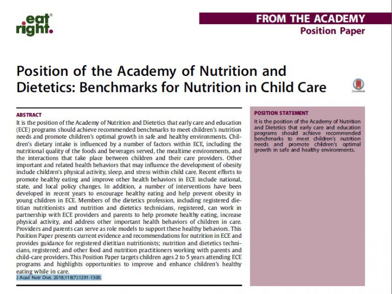營養與飲食學會立場：兒童照顧營養基準